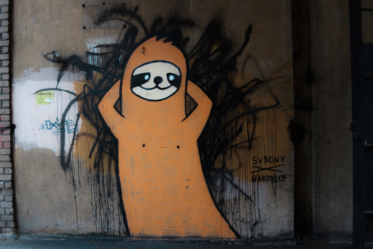 Автор мема «Свободный от забот» нарисовал новое граффити с ленивцем под аркой в Петроградском районе. Предыдущие рисунки на «Приморской» закрасили